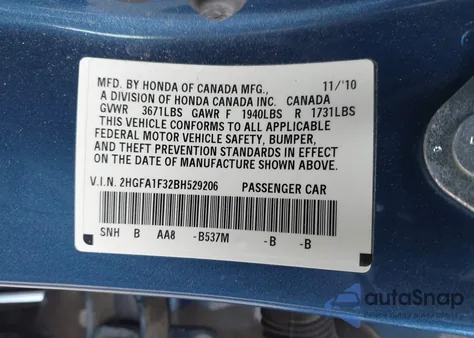 2011 Honda Civic Vp из США, поврежденный, VIN 2HGFA1F32BH529206